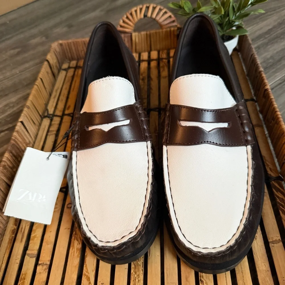 Zara Leather Two Tone Penny Loafers Brown White Preppy Old Money NWT 41 EU 8 US